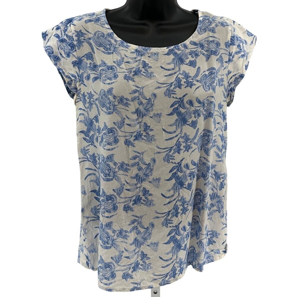 Laila & Savannah Silk Blouse WMNS XS Blue White Floral Short Sleeve Lightweight